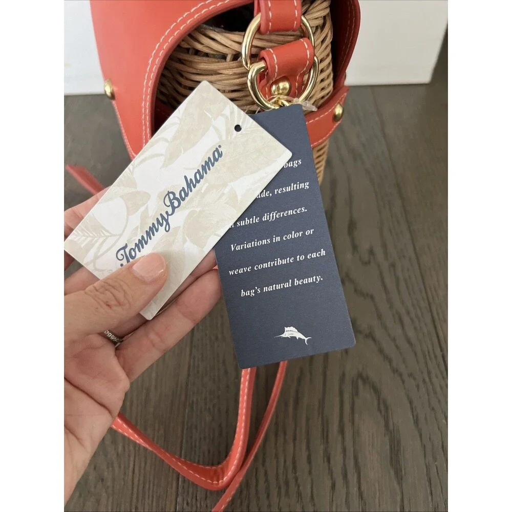 TOMMY BAHAMA Flap Picnic Basket Cross-body Straw Bag Coral Leather Studs NWT - Picture 4 of 8
